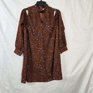 Everly Women's Brown Blue White Paisley High Neck Cold Shoulder Mod Mini Dress L